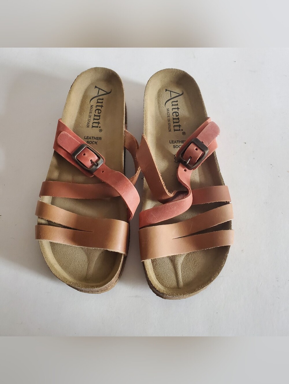 Autenti Womens 8 Leather Cork Strappy Sandals Slip On Buckle Tri Color Tan Boho